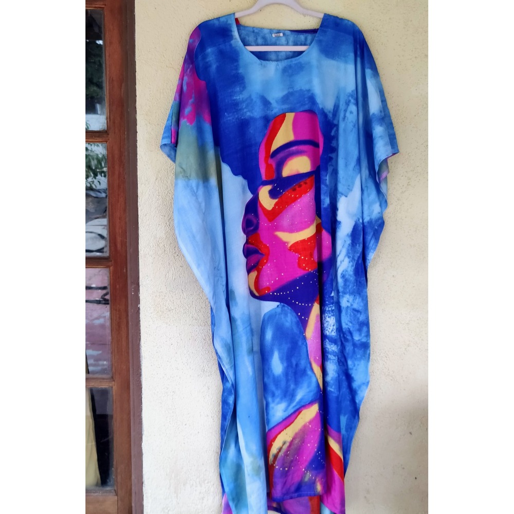 Ace Fashion Graphic Face Kimono Maxi Dress Vibrant Resort Wear Caftan OS Blue - Picture 2 of 4